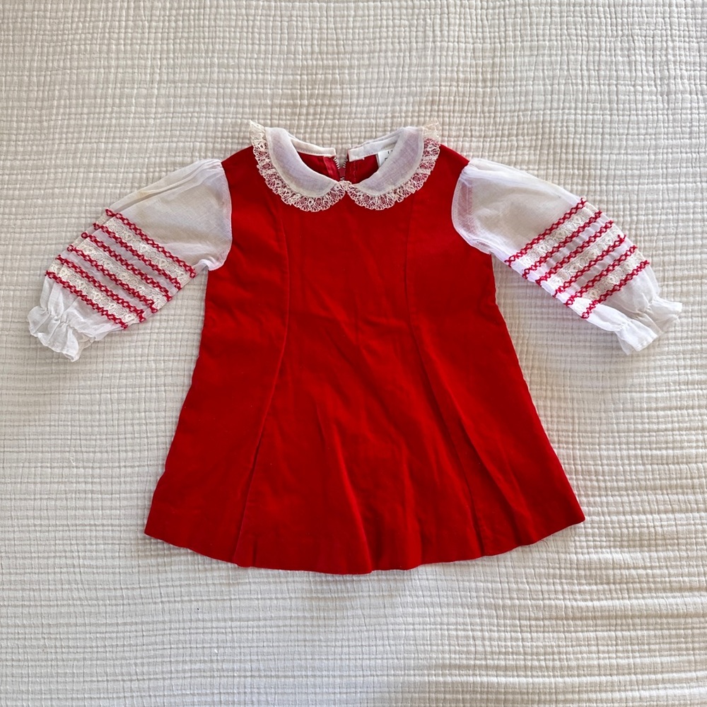 Vintage Sears Red Velvet Holiday Dress with White Lace Detail